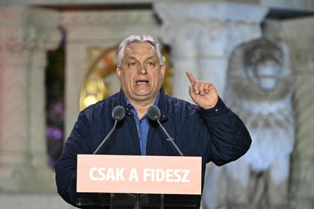 Hungarian Prime Minister Viktor Orban addresses supporters during his campaign closing rally at Buda Castle in Budapest on April 11, 2026, on the eve of the general election in Hungary. (Photo by Attila KISBENEDEK / AFP)
