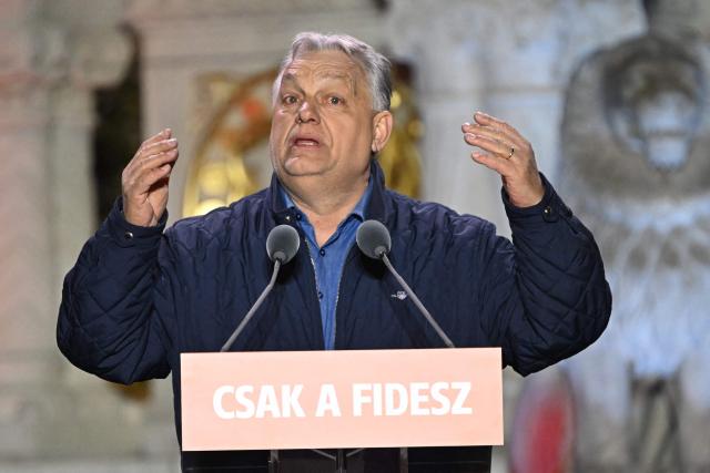 Hungarian Prime Minister Viktor Orban addresses supporters during his campaign closing rally at Buda Castle in Budapest on April 11, 2026, on the eve of the general election in Hungary. (Photo by Attila KISBENEDEK / AFP)