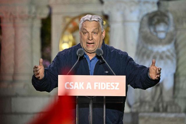 Hungarian Prime Minister Viktor Orban addresses supporters during his campaign closing rally at Buda Castle in Budapest on April 11, 2026, on the eve of the general election in Hungary. (Photo by Attila KISBENEDEK / AFP)