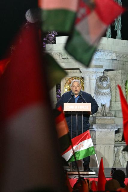 Hungarian Prime Minister Viktor Orban addresses supporters during his campaign closing rally at Buda Castle in Budapest on April 11, 2026, on the eve of the general election in Hungary. (Photo by Attila KISBENEDEK / AFP)