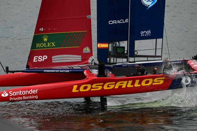 Spain's team wins the second race of the Rio 2026 SailGP day 1, in Guanabara Bay in Rio de Janeiro, Brazil on April 11, 2026. (Photo by Pablo PORCIUNCULA / AFP)