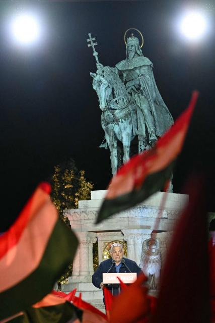 Hungarian Prime Minister Viktor Orban addresses supporters during his campaign closing rally at Buda Castle in Budapest on April 11, 2026, on the eve of the general election in Hungary. (Photo by Attila KISBENEDEK / AFP)