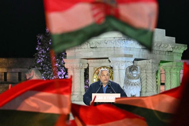Hungarian Prime Minister Viktor Orban addresses supporters during his campaign closing rally at Buda Castle in Budapest on April 11, 2026, on the eve of the general election in Hungary. (Photo by Attila KISBENEDEK / AFP)