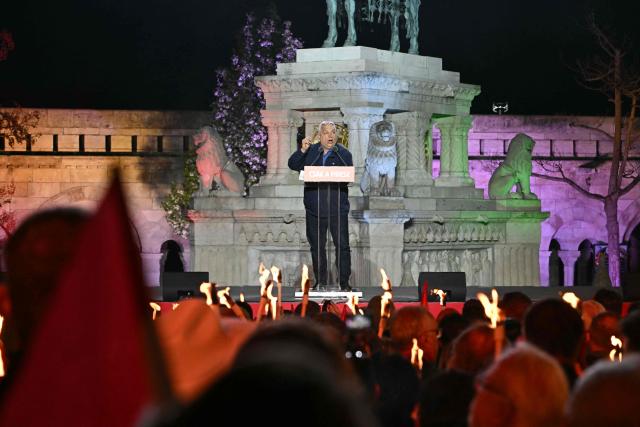 Hungarian Prime Minister Viktor Orban addresses supporters during his campaign closing rally at Buda Castle in Budapest on April 11, 2026, on the eve of the general election in Hungary. (Photo by Attila KISBENEDEK / AFP)