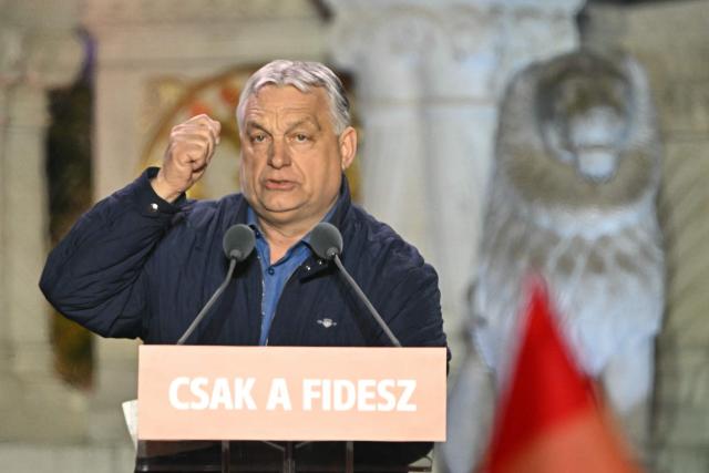 Hungarian Prime Minister Viktor Orban addresses supporters during his campaign closing rally at Buda Castle in Budapest on April 11, 2026, on the eve of the general election in Hungary. (Photo by Attila KISBENEDEK / AFP)