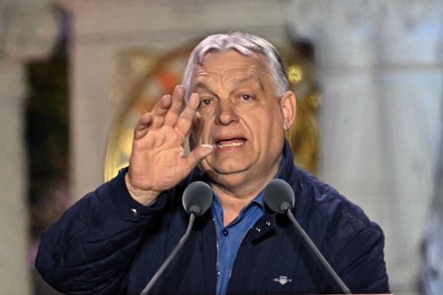 Hungarian Prime Minister Viktor Orban addresses supporters during his campaign closing rally at Buda Castle in Budapest on April 11, 2026, on the eve of the general election in Hungary. (Photo by Attila KISBENEDEK / AFP)
