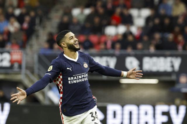 PSV Eindhoven's Ismael Saibari celebrates after scoring his team's second goal during the Dutch Eredivisie football match between Sparta Rotterdam and PSV Eindhoven at Sparta Stadion Het Kasteel in Rotterdam on April 11, 2026. (Photo by Bas Czerwinski / ANP / AFP) / Netherlands OUT