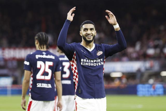 PSV Eindhoven's Ismael Saibari celebrates after scoring his team's second goal during the Dutch Eredivisie football match between Sparta Rotterdam and PSV Eindhoven at Sparta Stadion Het Kasteel in Rotterdam on April 11, 2026. (Photo by Bas Czerwinski / ANP / AFP) / Netherlands OUT