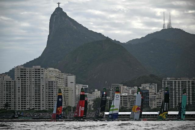Teams compete during the Rio 2026 SailGP race day 1, in Guanabara Bay in Rio de Janeiro, Brazil on April 11, 2026. (Photo by Mauro PIMENTEL / AFP)