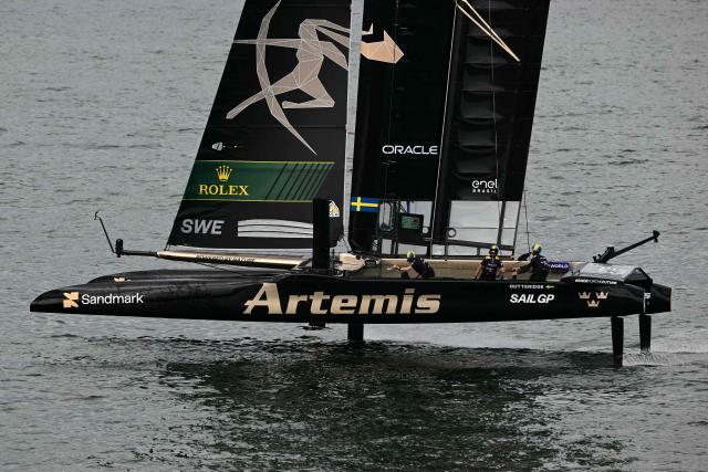 Sweden's team competes during the Rio 2026 SailGP race day 1, in Guanabara Bay in Rio de Janeiro, Brazil on April 11, 2026. (Photo by Pablo PORCIUNCULA / AFP)