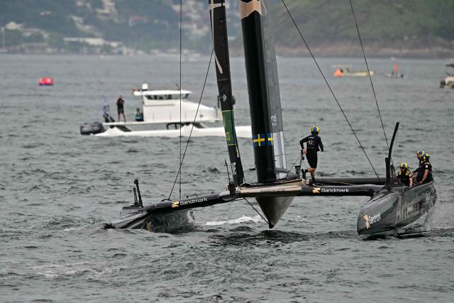 Sweden's team competes during the Rio 2026 SailGP race day 1, in Guanabara Bay in Rio de Janeiro, Brazil on April 11, 2026. (Photo by Pablo PORCIUNCULA / AFP)