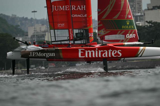 Great Britain's team competes during the Rio 2026 SailGP race day 1, in Guanabara Bay in Rio de Janeiro, Brazil on April 11, 2026. (Photo by Mauro PIMENTEL / AFP)
