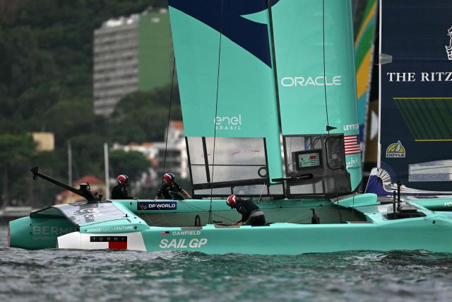 Brazil's team competes during the Rio 2026 SailGP race day 1, in Guanabara Bay in Rio de Janeiro, Brazil on April 11, 2026. (Photo by Mauro PIMENTEL / AFP)
