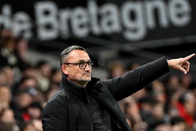 Rennes' French head coach Franck Haise gestures from the techincal area during the French L1 football match between Stade Rennais FC and SCO Angers at the Roazhon Park stadium in Rennes, western France, on April 11, 2026. (Photo by Sebastien Salom-Gomis / AFP)
