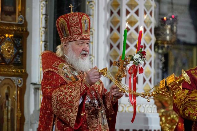 Russian Orthodox Patriarch Kirill leads the Orthodox Easter service at the Cathedral of Christ the Saviour in Moscow on April 12, 2026. (Photo by Alexander Zemlianichenko / POOL / AFP)