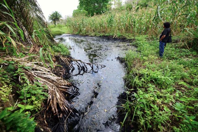 Oscar Lopez looks at a hydrocarbon spill next to a cornfield, in the community of Rafael Rosas, in Papantla, state of Veracruz on April 11, 2026. The Mexican government plans to extract natural gas using hydraulic fracturing, a method that has been criticized by environmental organizations, in order to reduce its dependence on imports from the United States, according to a plan presented by President Claudia Sheinbaum on April 9, 2026. (Photo by Marco Antonio MARTINEZ / AFP)