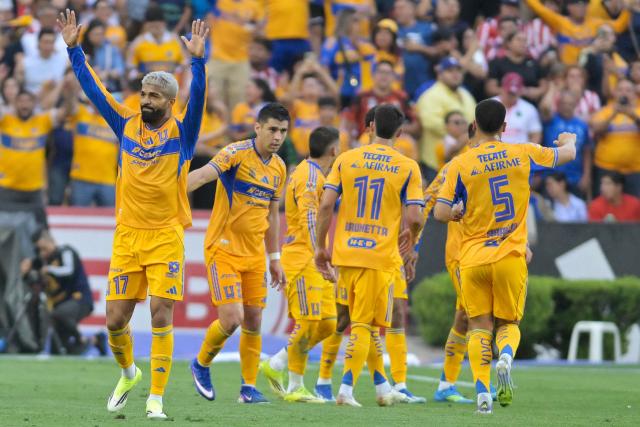 Tigres’ Uruguayan forward #17 Rodrigo Aguirre celebrates after scoring during the Liga MX Clausura tournament football match between Tigres and Guadalajara at the Universitario stadium in San Nicolas de los Garza, state of Nuevo Leon, Mexico, on April 11, 2026. (Photo by Julio Cesar AGUILAR / AFP)