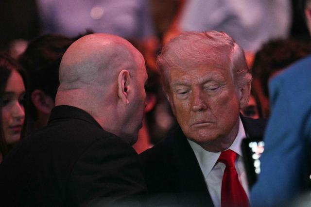 US President Donald Trump chats with UFC CEO and president Dana White before UFC 327: Jiri Prochazka vs Carlos Ulberg at Kaseya Center in Miami, on April 11, 2026. (Photo by Jim WATSON / AFP)