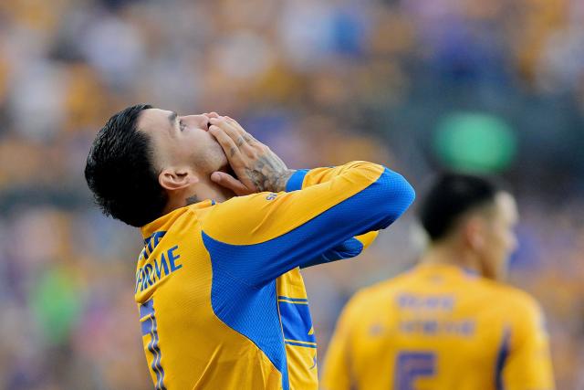 Tigres' Argentine forward #07 Angel Correa celebrates scoring his team's third goal during the Liga MX Clausura tournament football match between Tigres and Guadalajara at the Universitario stadium in San Nicolas de los Garza, state of Nuevo Leon, Mexico, on April 11, 2026. (Photo by AFP)