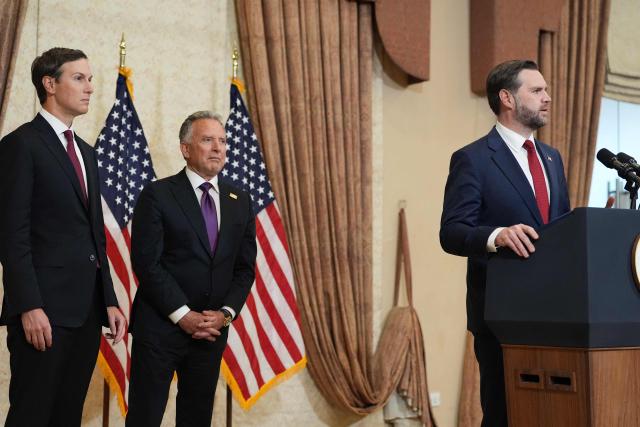 Vice President JD Vance (R) speaks during a news conference after meeting with representatives from Pakistan and Iran, as US President Donald Trump's son-in-law Jared Kushner (L) and US Special Envoy to the Middle East Steve Witkoff (C) watch, in Islamabad on April 12, 2026. Top-level peace talks between the United States and Iran entered a second day early April 12, as Washington piled pressure by saying it had sent minesweeping ships through the vital Strait of Hormuz. (Photo by Jacquelyn MARTIN / POOL / AFP)