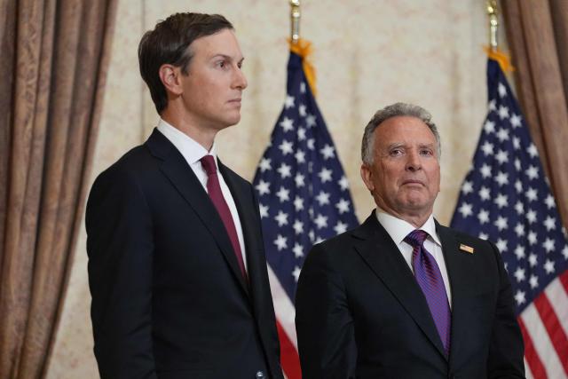 US Special Envoy to the Middle East Steve Witkoff (R) and US President Donald Trump's son-in-law Jared Kushner (L) look on as Vice President JD Vance speaks at a news conference after meeting with representatives from Pakistan and Iran in Islamabad on April 12, 2026. Top-level peace talks between the United States and Iran entered a second day early April 12, as Washington piled pressure by saying it had sent minesweeping ships through the vital Strait of Hormuz. (Photo by Jacquelyn MARTIN / POOL / AFP)