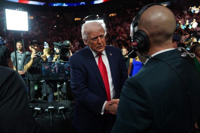 US President Donald Trump attends UFC 327: Jiri Prochazka vs Carlos Ulberg at Kaseya Center in Miami, on April 11, 2026. (Photo by Julia Demaree Nikhinson / POOL / AFP)