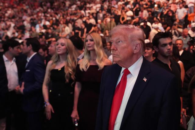 US President Donald Trump attends UFC 327: Jiri Prochazka vs Carlos Ulberg at Kaseya Center in Miami, on April 11, 2026. (Photo by Julia Demaree Nikhinson / POOL / AFP)