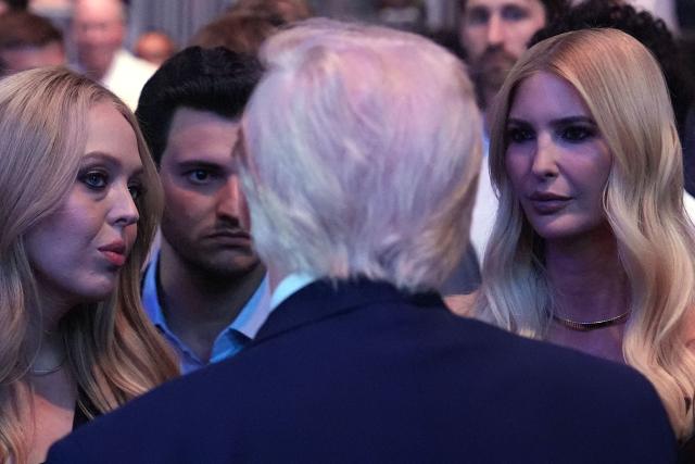 US President Donald Trump speaks with (L-R) Tiffany Trump, Michael Boulos and Ivanka Trump at UFC 327: Jiri Prochazka vs Carlos Ulberg at Kaseya Center in Miami, on April 11, 2026. (Photo by Julia Demaree Nikhinson / POOL / AFP)