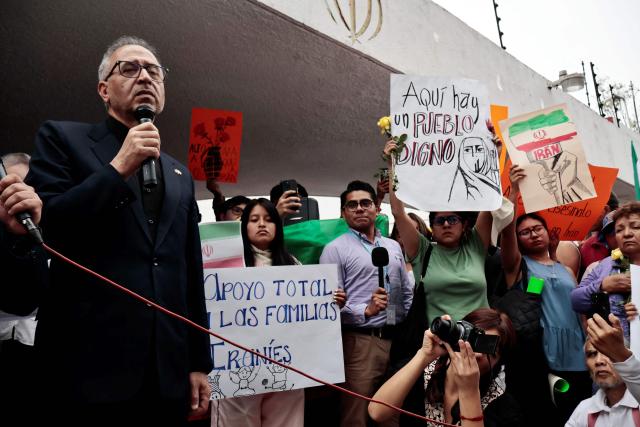 Iranian Ambassador to Mexico Abolfazl Pasandideh speaks during a protest in support of Iran outside the Iranian embassy in Mexico City on April 11, 2026. (Photo by AFP)