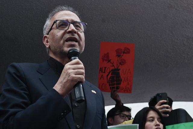 Iranian Ambassador to Mexico Abolfazl Pasandideh speaks during a protest in support of Iran outside the Iranian embassy in Mexico City on April 11, 2026. (Photo by AFP)