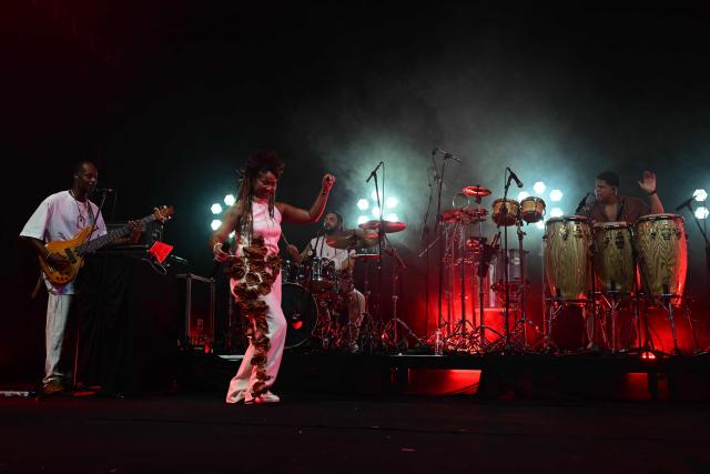 Brazilian singer Melly performs on stage during the Queremos music festival at the Circo Voador in Rio de Janeiro, Brazil on April 11, 2026. (Photo by Pablo PORCIUNCULA / AFP)