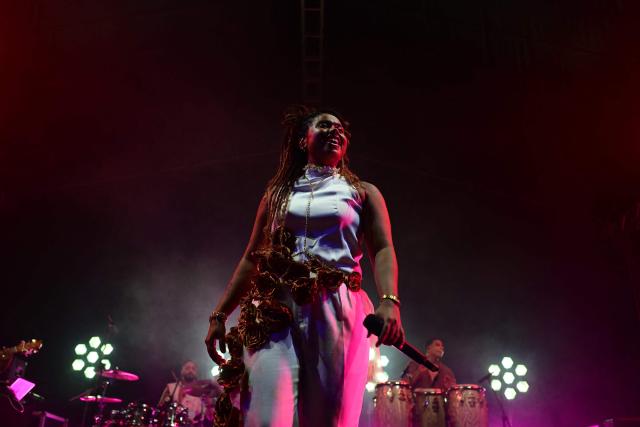 Brazilian singer Melly performs on stage during the Queremos music festival at the Circo Voador in Rio de Janeiro, Brazil on April 11, 2026. (Photo by Pablo PORCIUNCULA / AFP)