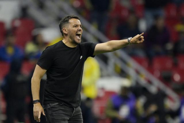 Cruz Azul's Argentine head coach Nicolas Larcamon gestures during the Liga MX Clausura tournament football match between America and Cruz Azul at the Azteca Stadium in Mexico City on April 11, 2026. (Photo by Alfredo ESTRELLA / AFP)
