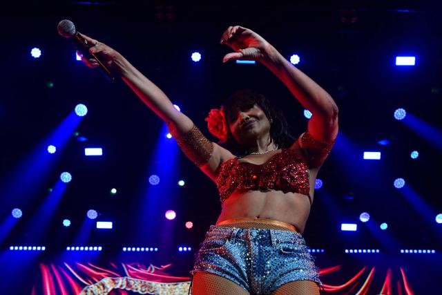 Brazilian singer Gaby Amarantos performs on stage during the Queremos music festival at the Circo Voador in Rio de Janeiro, Brazil on April 12, 2026. (Photo by Pablo PORCIUNCULA / AFP)