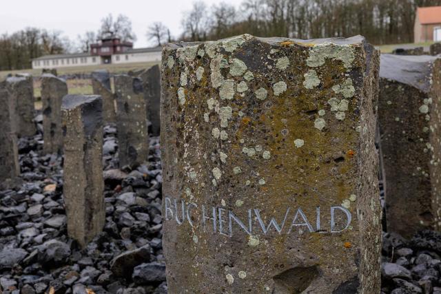 Stele are pictured as the main building of the Buchenwald Nazi concentration camp memorial  site is seen in the background on April 12, 2026, prior to the commemoration ceremony to mark the 81th anniversary of the liberation of the Buchenwald Nazi concentration camp at the camp's memorial site near Weimar, eastern Germany. (Photo by JENS SCHLUETER / AFP)