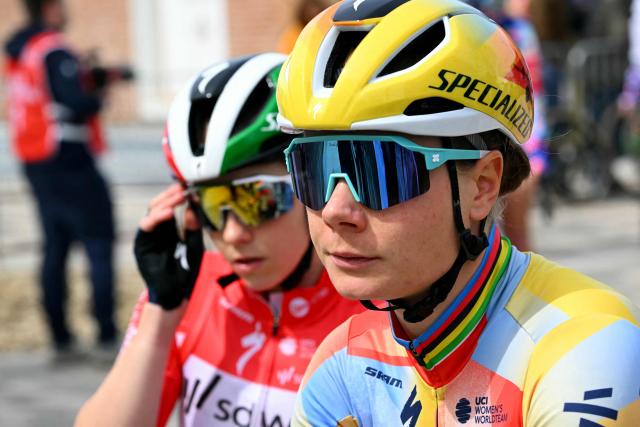 Team SD Worx - Protime's Belgian rider Lotte Kopecky waits for the start of the 6th edition of the Women Paris-Roubaix one-day classic cycling race, 143.1 km between Denain and Roubaix, northern France, on April 12, 2026. (Photo by NICOLAS TUCAT / AFP)
