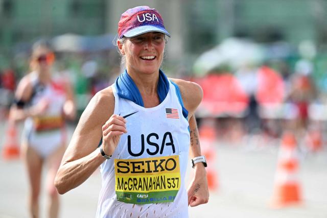 US' Lydia McGranahan leads the women's marathon race walk during the World Athletics Race Walking Team Championships, in Brasilia, on April 12, 2026. (Photo by Evaristo SA / AFP)
