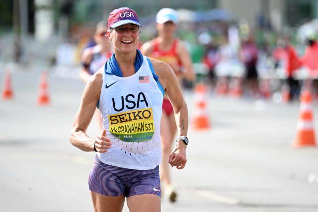 US' Lydia McGranahan leads the women's marathon race walk during the World Athletics Race Walking Team Championships, in Brasilia, on April 12, 2026. (Photo by Evaristo SA / AFP)