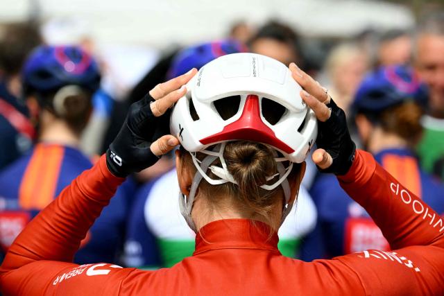 A rider arrives at the start of the 6th edition of the Women Paris-Roubaix one-day classic cycling race, 143.1 km between Denain and Roubaix, northern France, on April 12, 2026. (Photo by NICOLAS TUCAT / AFP)