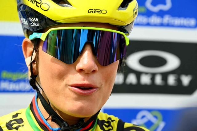 Team Visma - Lease a Bike's French rider Pauline Ferrand-Prévot looks on as she waits for the start of the 6th edition of the Women Paris-Roubaix one-day classic cycling race, 143.1 km between Denain and Roubaix, northern France, on April 12, 2026. (Photo by NICOLAS TUCAT / AFP)