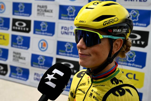 Team Visma - Lease a Bike's French rider Pauline Ferrand-Prévot speaks to journalists prior to the start of the 6th edition of the Women Paris-Roubaix one-day classic cycling race, 143.1 km between Denain and Roubaix, northern France, on April 12, 2026. (Photo by NICOLAS TUCAT / AFP)