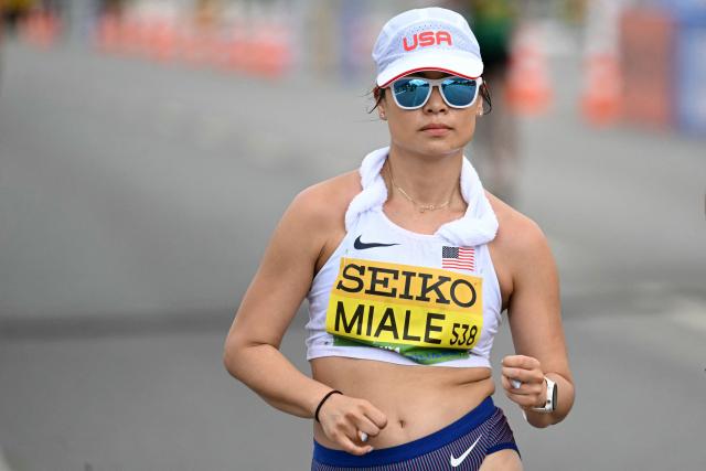 US' Catherine MIale competes in the women's marathon race walk during the World Athletics Race Walking Team Championships, in Brasilia, on April 12, 2026. (Photo by Evaristo SA / AFP)