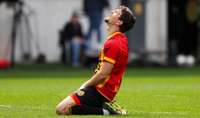 Mechelen's Belgian forward #14 Benito Raman reacts during the Belgian Pro League play-off football match between KV Mechelen and Royale Union Saint-Gilloise at the Achter de Kazerne stadium in Mechelen on April 12, 2026. (Photo by VIRGINIE LEFOUR / Belga / AFP) / Belgium OUT