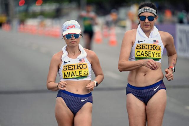 US' Catherine Miale and US' Stephanie Casey compete in the women's marathon race walk during the World Athletics Race Walking Team Championships, in Brasilia, on April 12, 2026. (Photo by Evaristo SA / AFP)