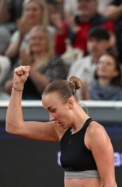 Austria's Anastasia Potapova reacts as she plays against Mirra Andreeva (not pictured) during their women's single final match of the WTA Upper Austria Women's Linz tennis tournament in Linz, Austria on April 12, 2026. (Photo by BARBARA GINDL / APA / AFP) / Austria OUT