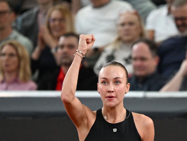 Austria's Anastasia Potapova reacts as she plays against Mirra Andreeva (not pictured) during their women's single final match of the WTA Upper Austria Women's Linz tennis tournament in Linz, Austria on April 12, 2026. (Photo by BARBARA GINDL / APA / AFP) / Austria OUT