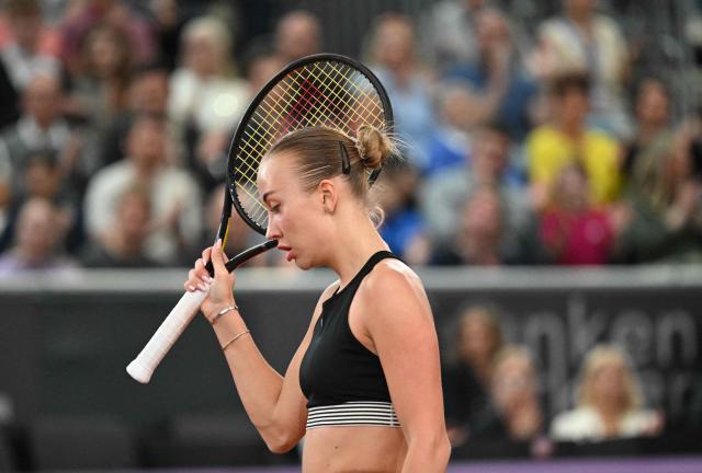 Austria's Anastasia Potapova reacts as she plays against Mirra Andreeva (not pictured) during their women's single final match of the WTA Upper Austria Women's Linz tennis tournament in Linz, Austria on April 12, 2026. (Photo by BARBARA GINDL / APA / AFP) / Austria OUT