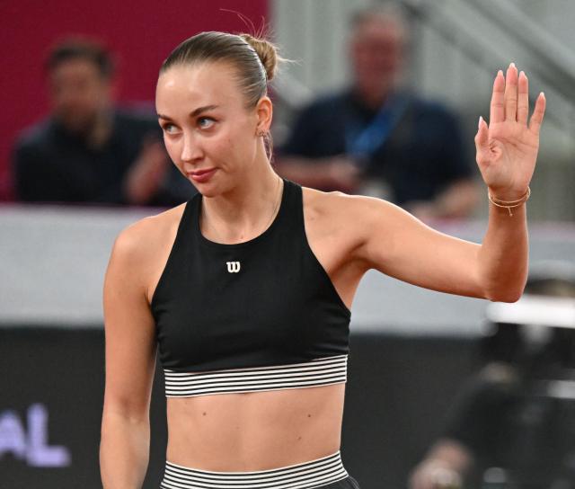 Austria's Anastasia Potapova reacts as she plays against Mirra Andreeva (not pictured) during their women's single final match of the WTA Upper Austria Women's Linz tennis tournament in Linz, Austria on April 12, 2026. (Photo by BARBARA GINDL / APA / AFP) / Austria OUT