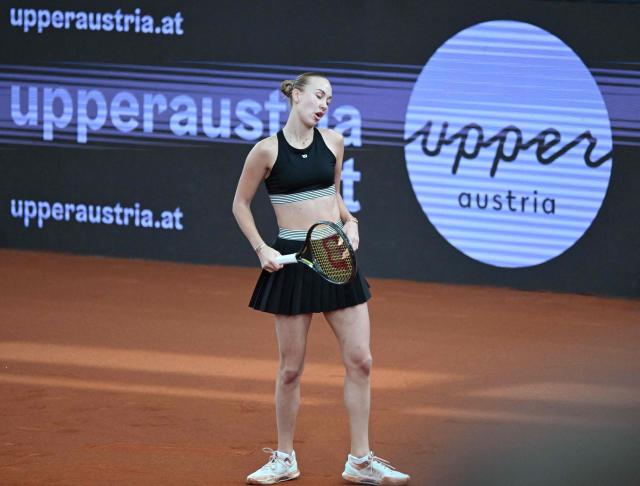 Austria's Anastasia Potapova reacts as she plays against Mirra Andreeva (not pictured) during their women's single final match of the WTA Upper Austria Women's Linz tennis tournament in Linz, Austria on April 12, 2026. (Photo by BARBARA GINDL / APA / AFP) / Austria OUT