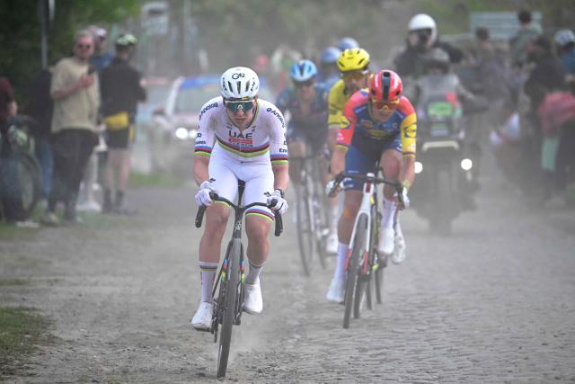 UAE Team Emirates XRG's Slovenian rider Tadej Pogacar cycles on a cobblestone sector during the 123rd edition of the Paris-Roubaix one-day classic cycling race, 258.3 km between Compiègne and Roubaix, northern France, on April 12, 2026. (Photo by Bernard PAPON / POOL / AFP)